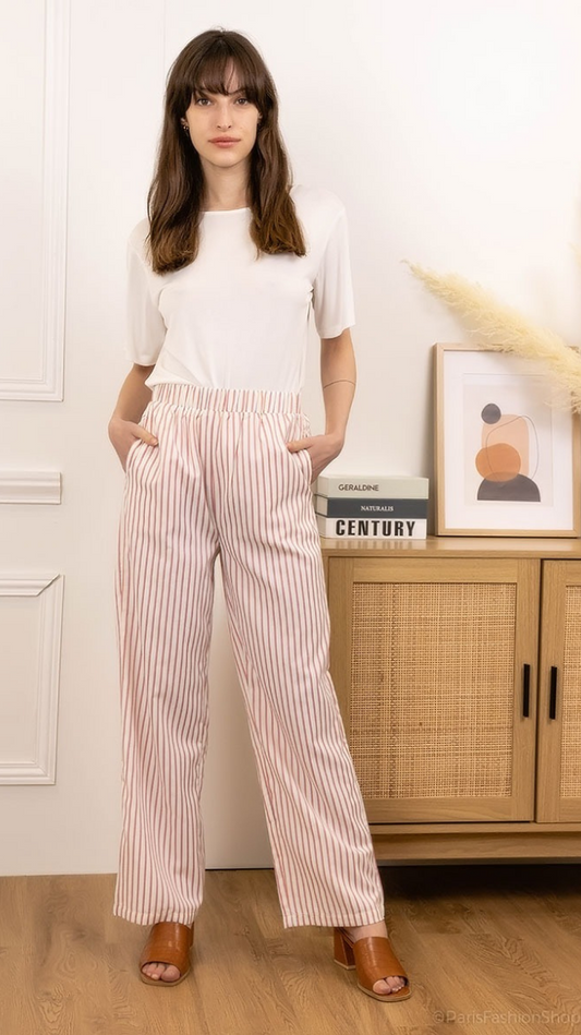 Janne losse broek streepjes motief koraal zakken vooraan