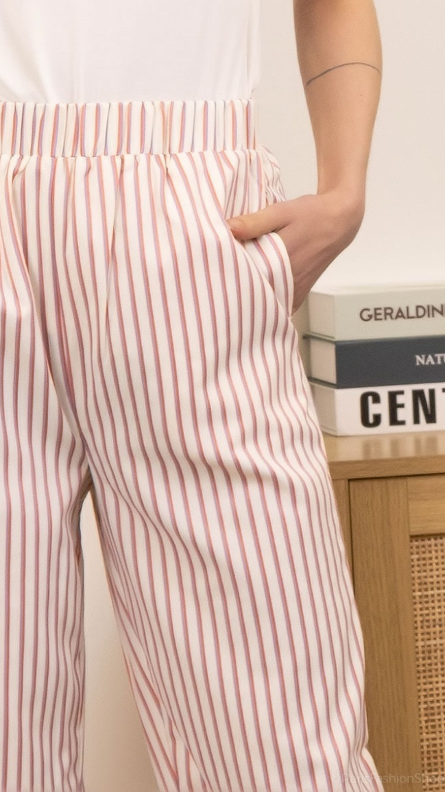 Janne losse broek streepjes motief koraal zakken vooraan
