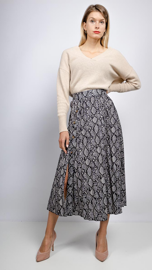 Juliette midi rok a-lijn zilver slangen print - midi rok satijn a-lijn | Fabrique François