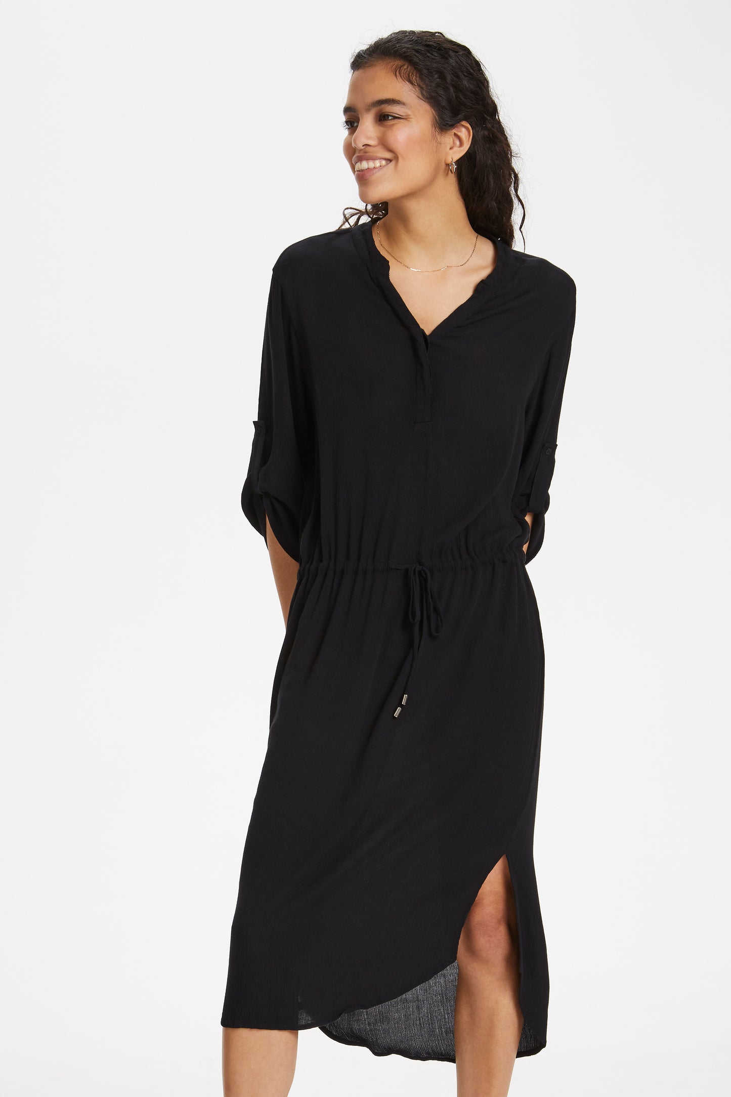 Zaya midi jurk met halflange losse mouwen v-hals en tailleband - | Fabrique François