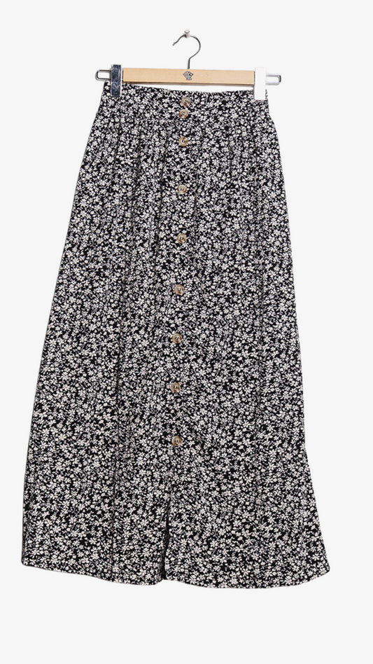 Penny midi rok bloemenprint zwart wit knopen - midi rok bloemenprint zwart wit | Fabrique François