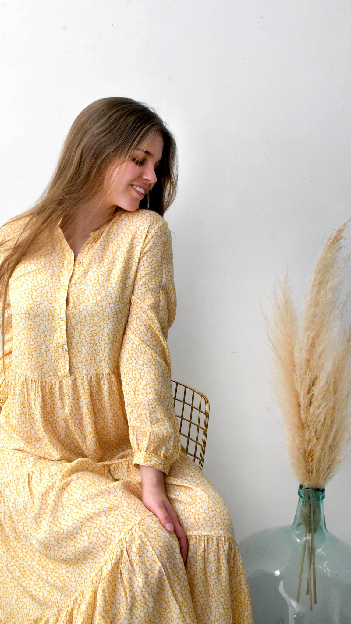 Kat maxi jurk knopen print geel - maxi jurk knopen print | Fabrique François