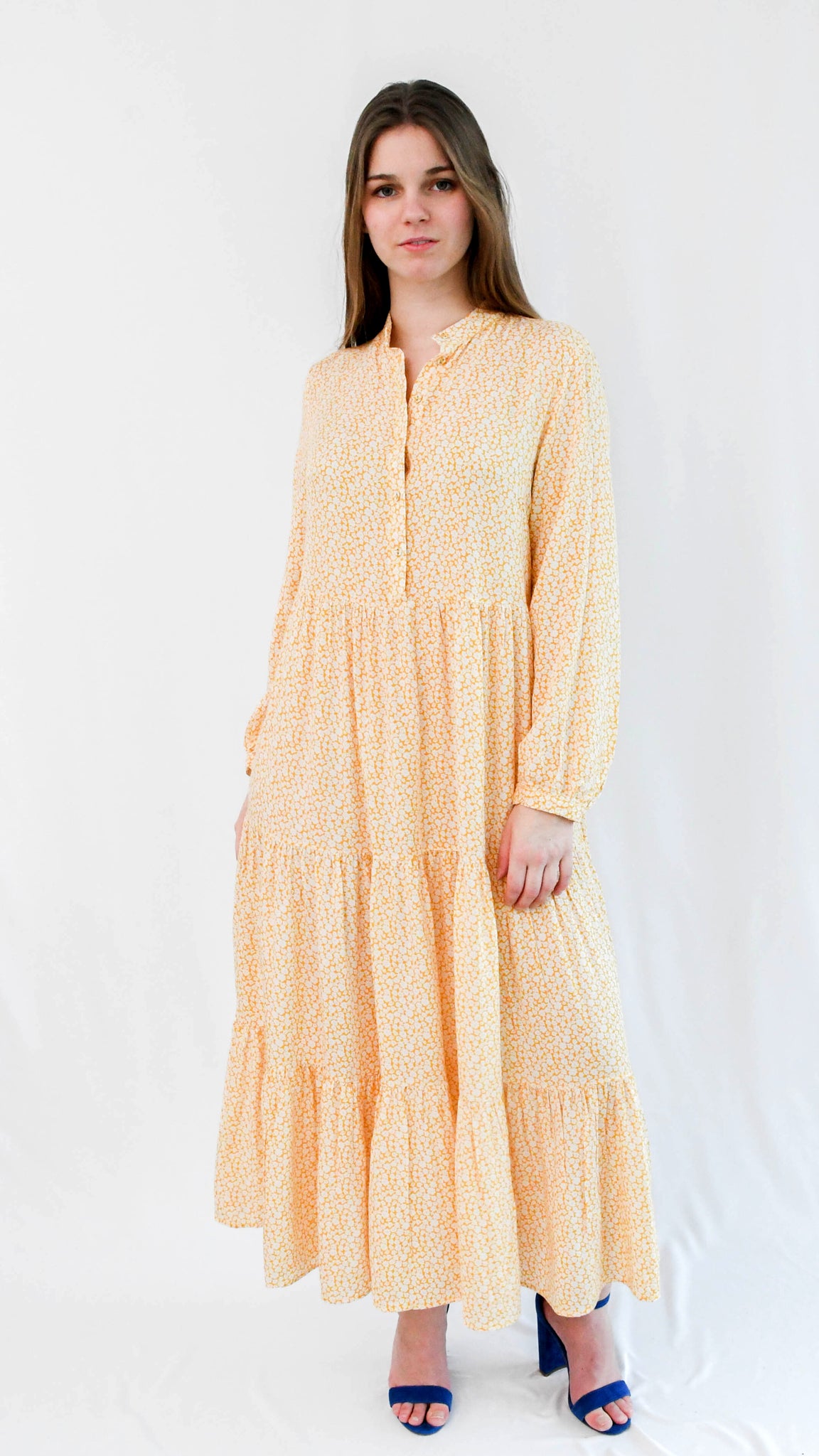 Kat maxi jurk knopen print geel - maxi jurk knopen print | Fabrique François