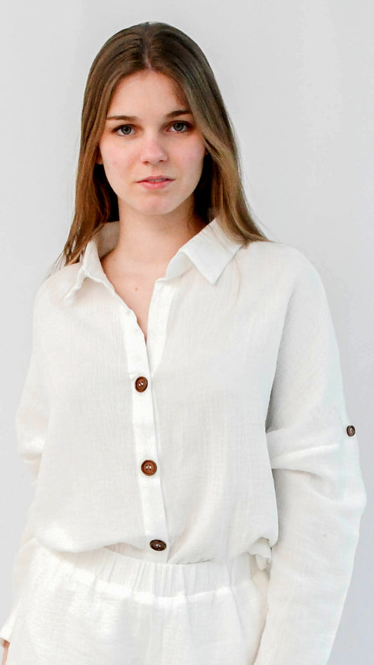 Louise hemd lange mouwen linnen beige - hemd lange mouwen linnen | Fabrique François