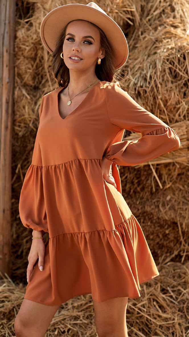 Polly mini jurk lage taille oranje roest - mini jurk lage taille roest | Fabrique François