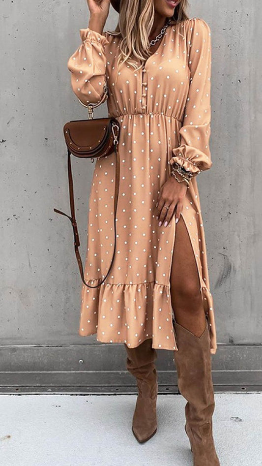 Madeline midi jurk split lange mouwen oranje print - midi jurk lange mouwen split polkadot | Fabrique François