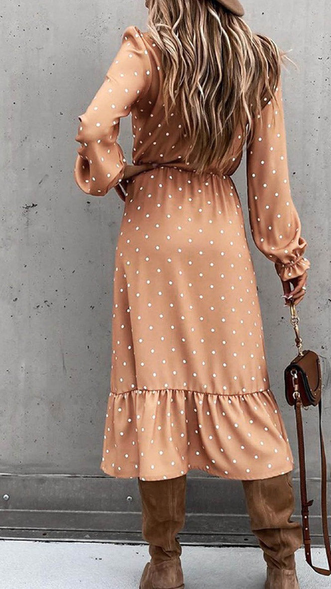 Madeline midi jurk split lange mouwen oranje print - midi jurk lange mouwen split polkadot | Fabrique François