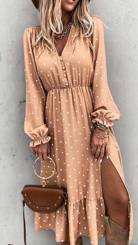 Madeline midi jurk split lange mouwen oranje print - midi jurk lange mouwen split polkadot | Fabrique François