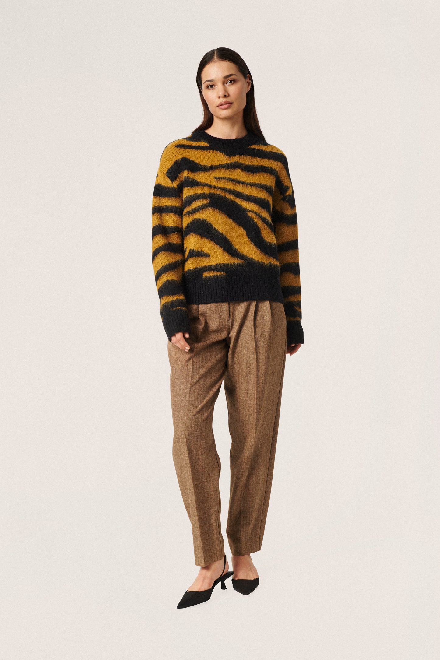 Soaked in Luxury Bates Pullover LS Knit Golden Brown Animal
