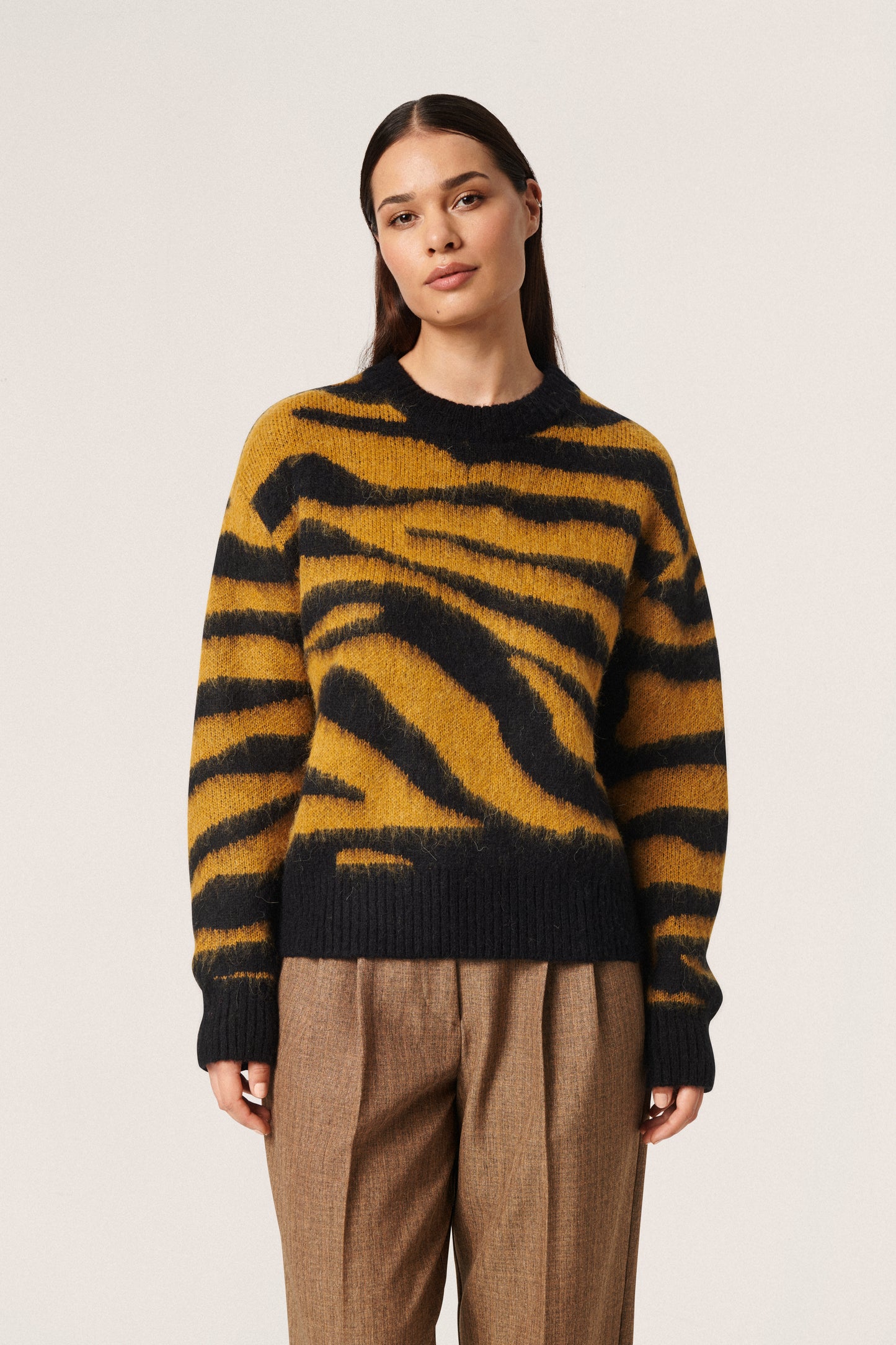 Soaked in Luxury Bates Pullover LS Knit Golden Brown Animal