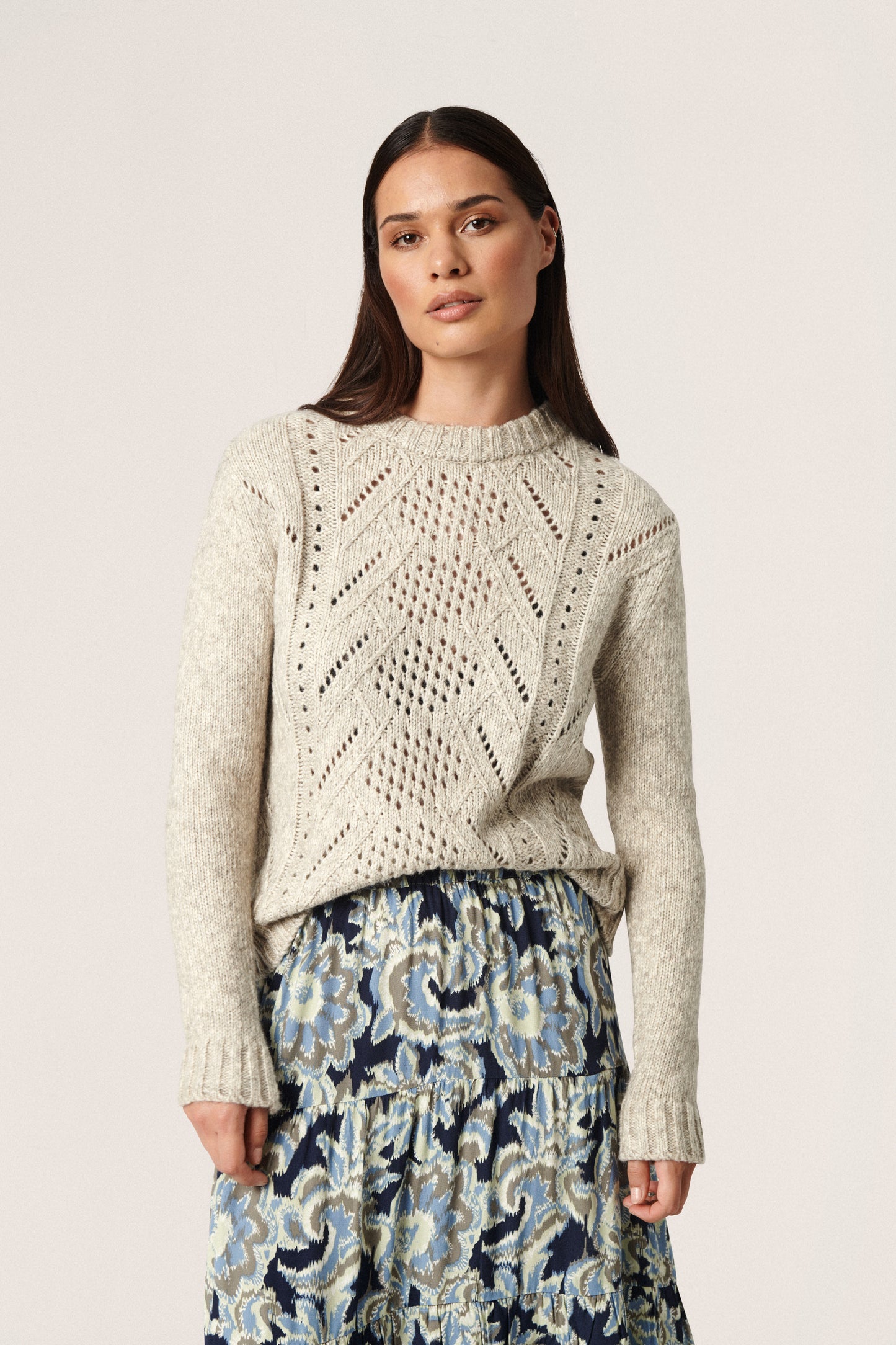 Soaked in Luxury Damara Pointelle Pullover LS Knit Whisper White Melange