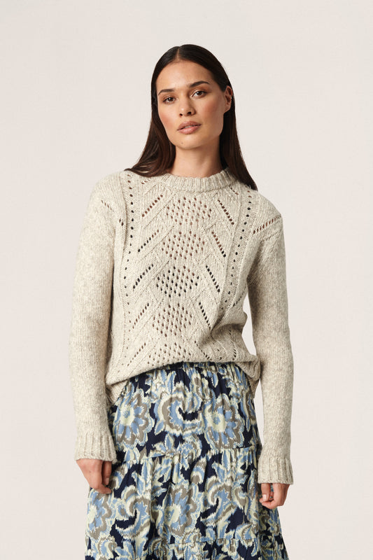 Soaked in Luxury Damara Pointelle Pullover LS Knit Whisper White Melange