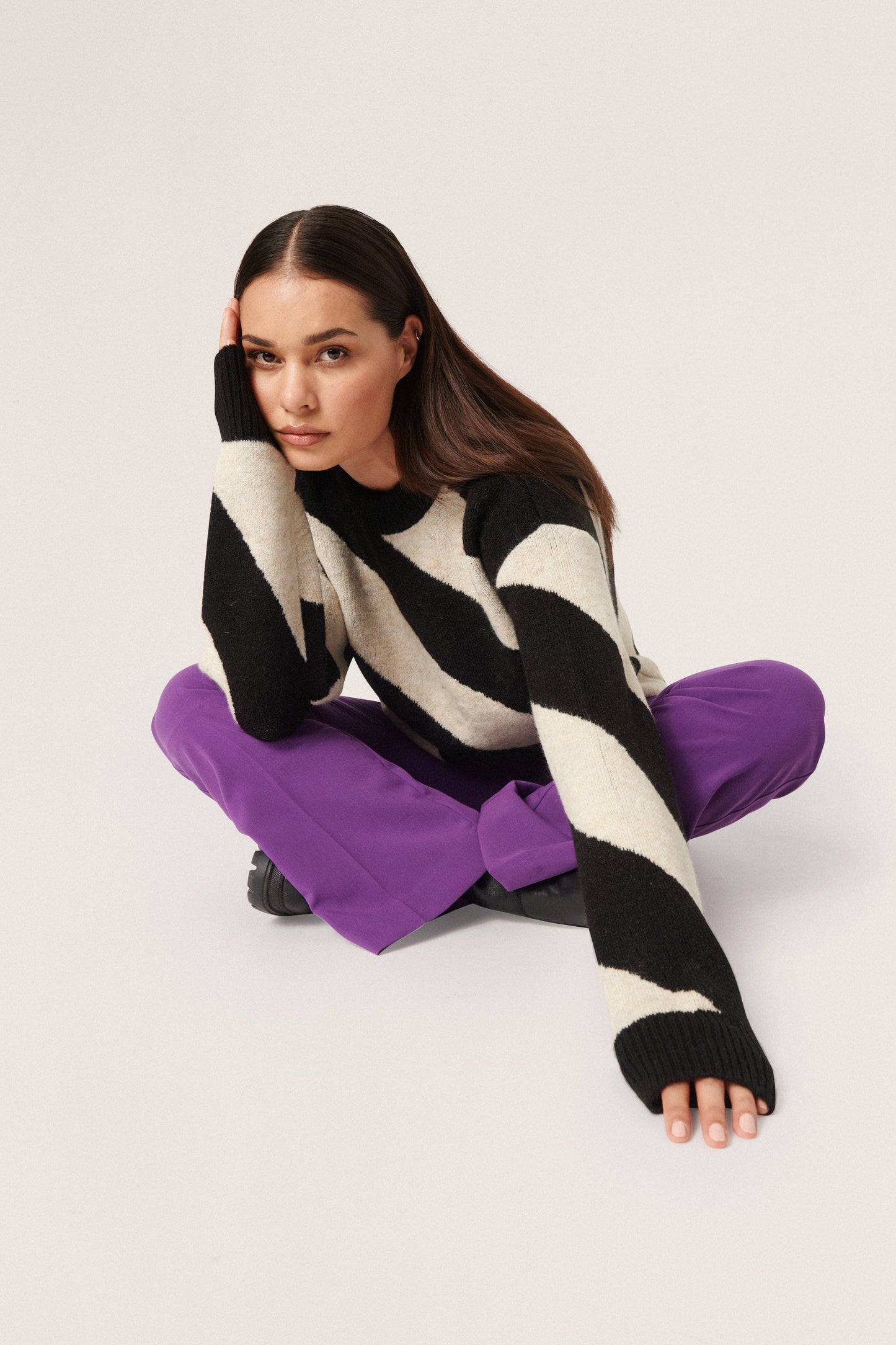 Soaked in Luxury Dio Stripe Pullover Knit Sandshell Diagonal Stripe