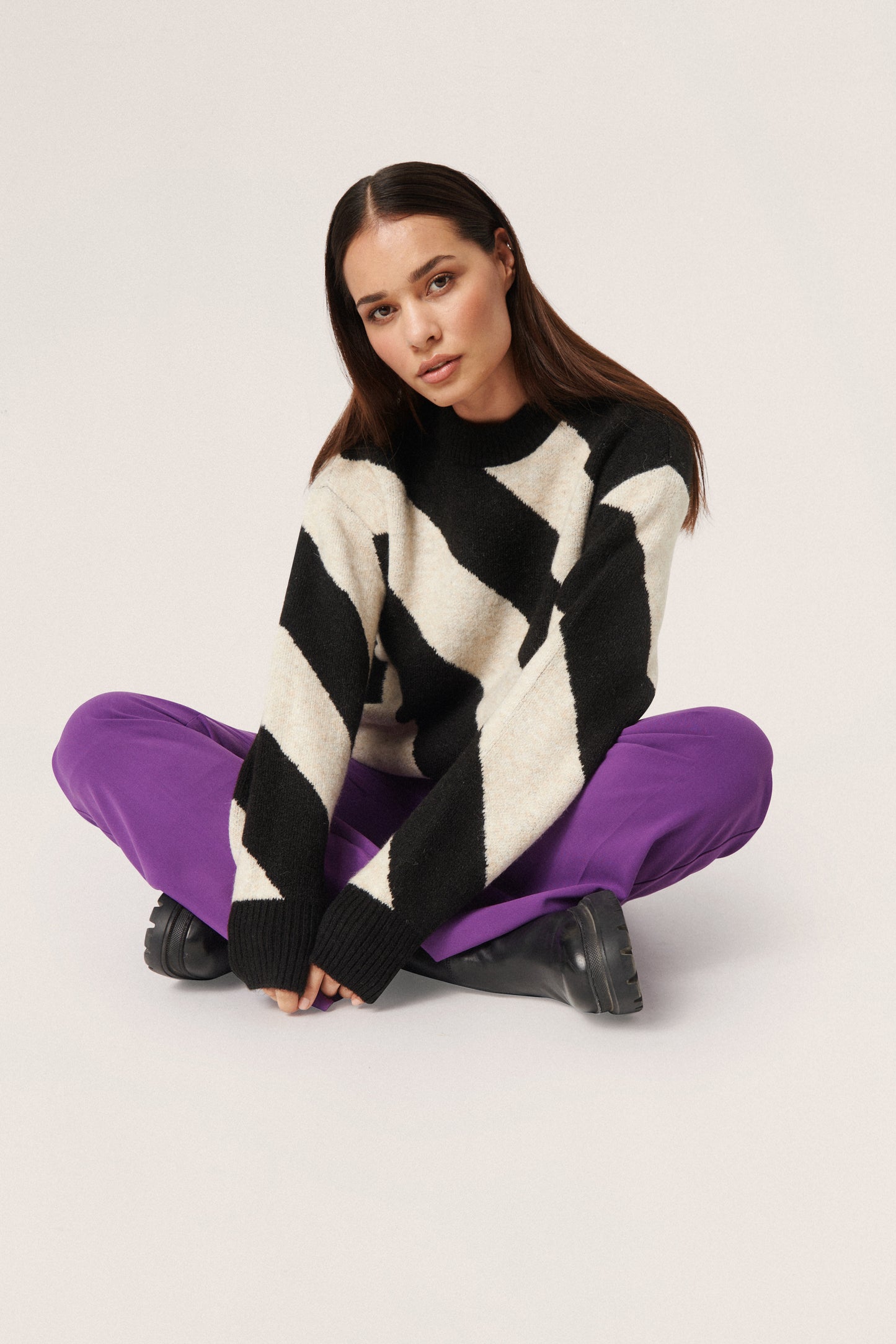 Soaked in Luxury Dio Stripe Pullover Knit Sandshell Diagonal Stripe