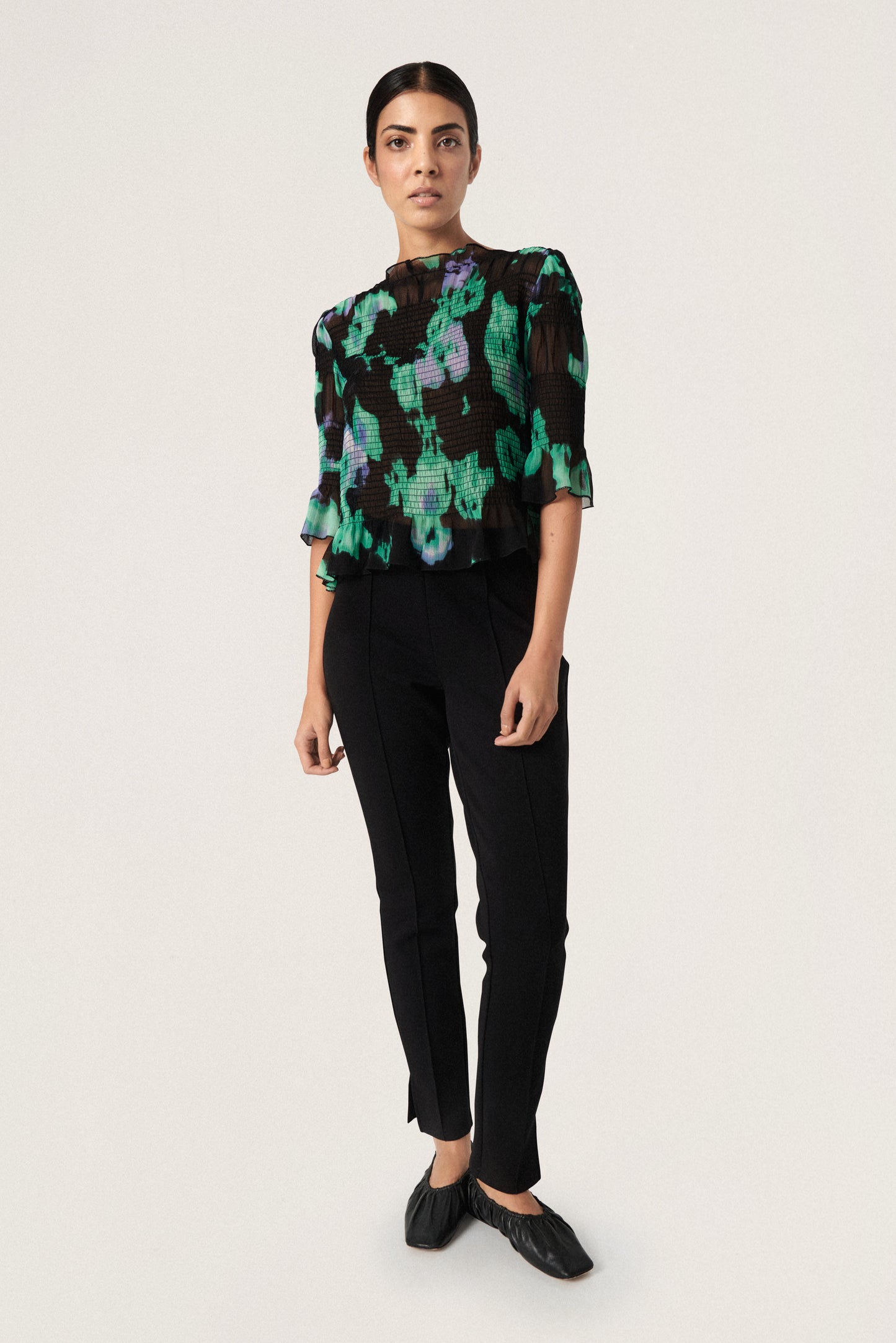 Soaked in Luxury Olympia Blouse Shirts/Blouses Green Blurred Flower Print