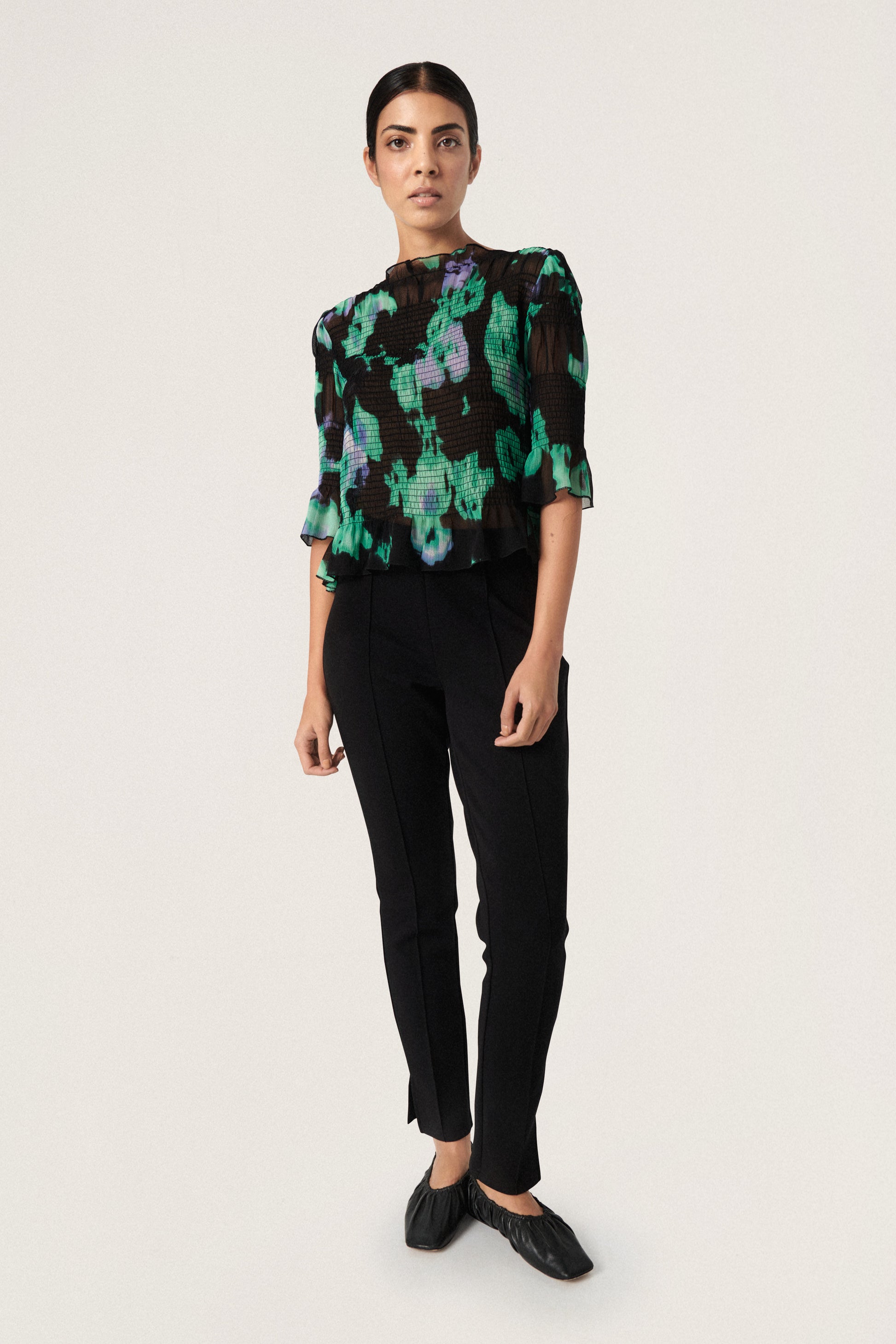 Soaked in Luxury Olympia Blouse Shirts/Blouses Green Blurred Flower Print