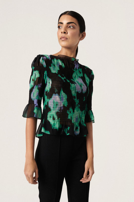 Soaked in Luxury Olympia Blouse Shirts/Blouses Green Blurred Flower Print