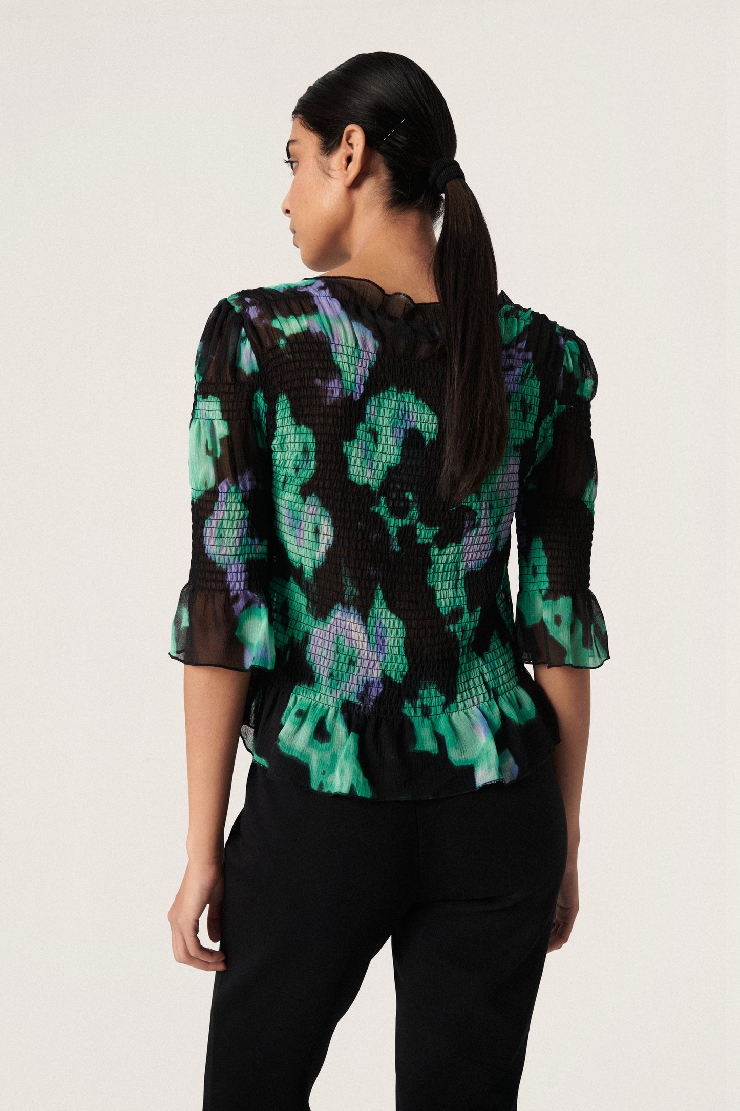 Soaked in Luxury Olympia Blouse Shirts/Blouses Green Blurred Flower Print