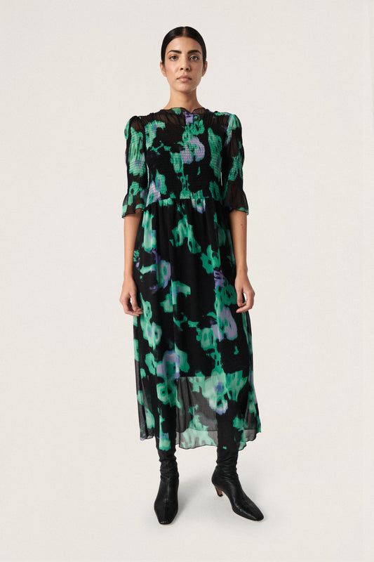 Soaked in Luxury Olympia Dress Sleeves Dresses Green Blurred Flower Print