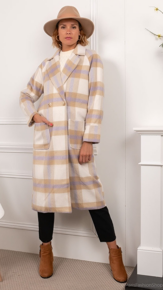 Checkered Mantel ruiten lila detail - geruite mantel lila | Fabrique François