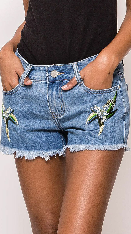 Phoebe short denim jeans tropical borduursel - denim short jeans tropical | Fabrique François