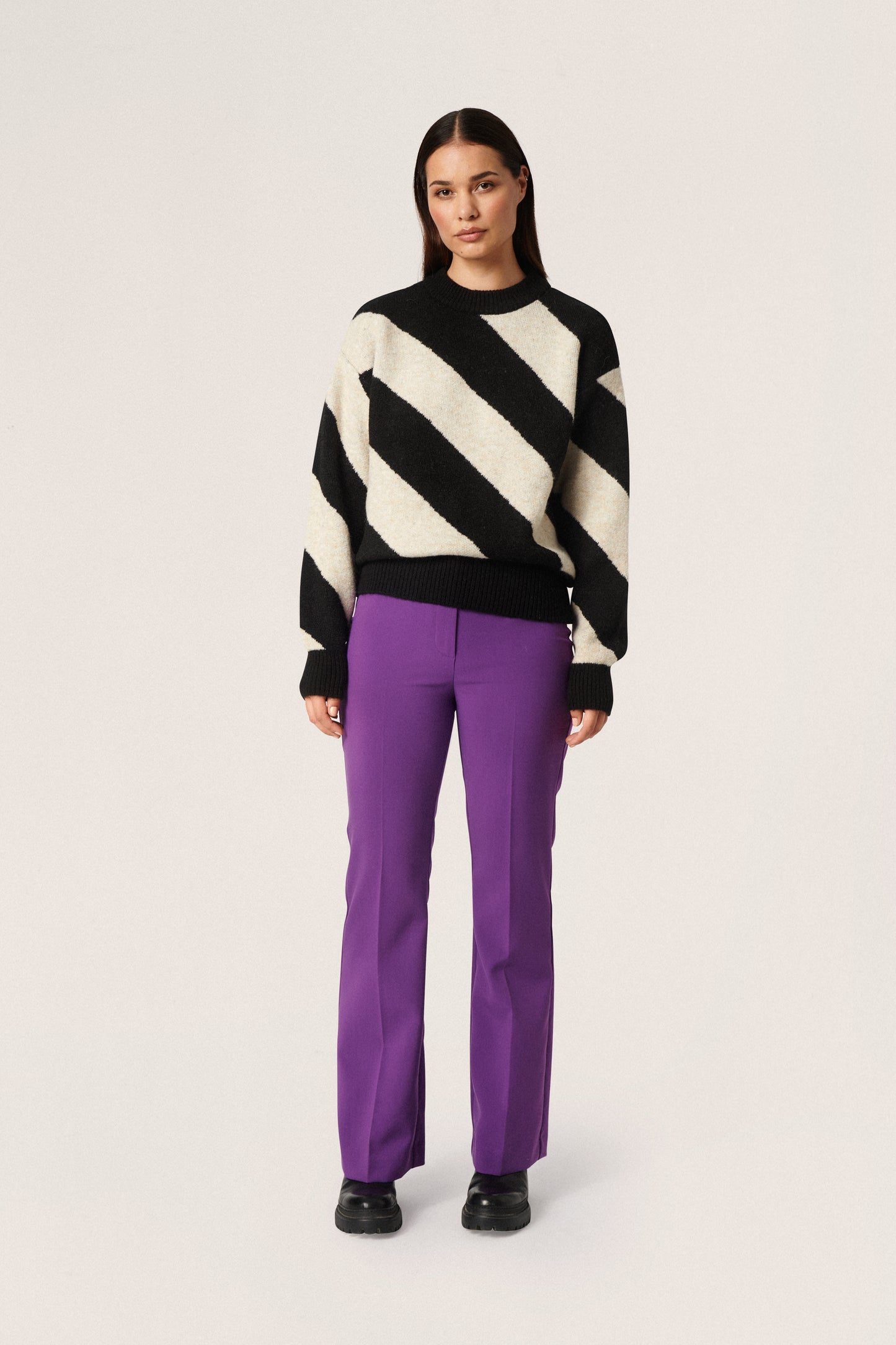 Soaked in Luxury Dio Stripe Pullover Knit Sandshell Diagonal Stripe