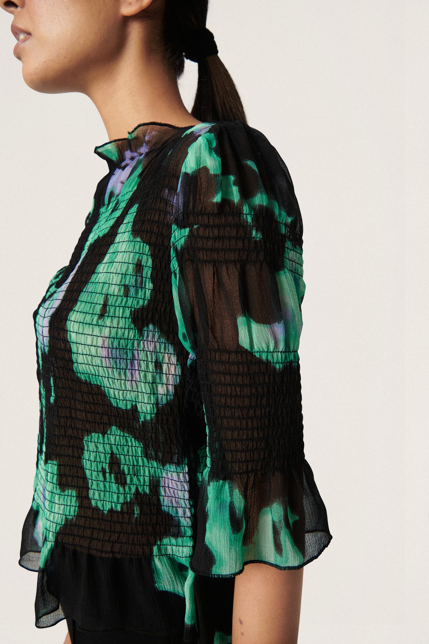 Soaked in Luxury Olympia Blouse Shirts/Blouses Green Blurred Flower Print
